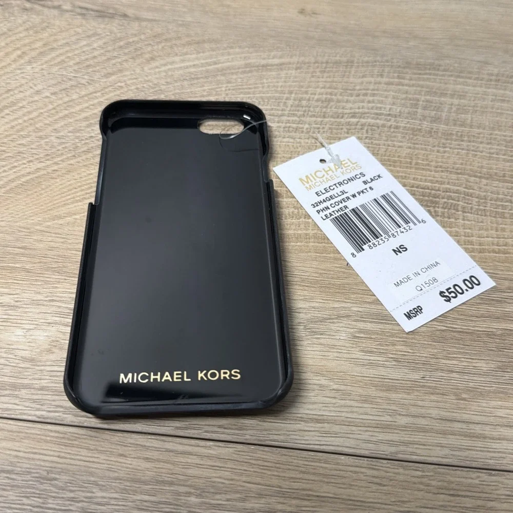 Michael Kors iPhone 6 Case Black Saffiano Card Holder Gold Logo Wallet NWT Box